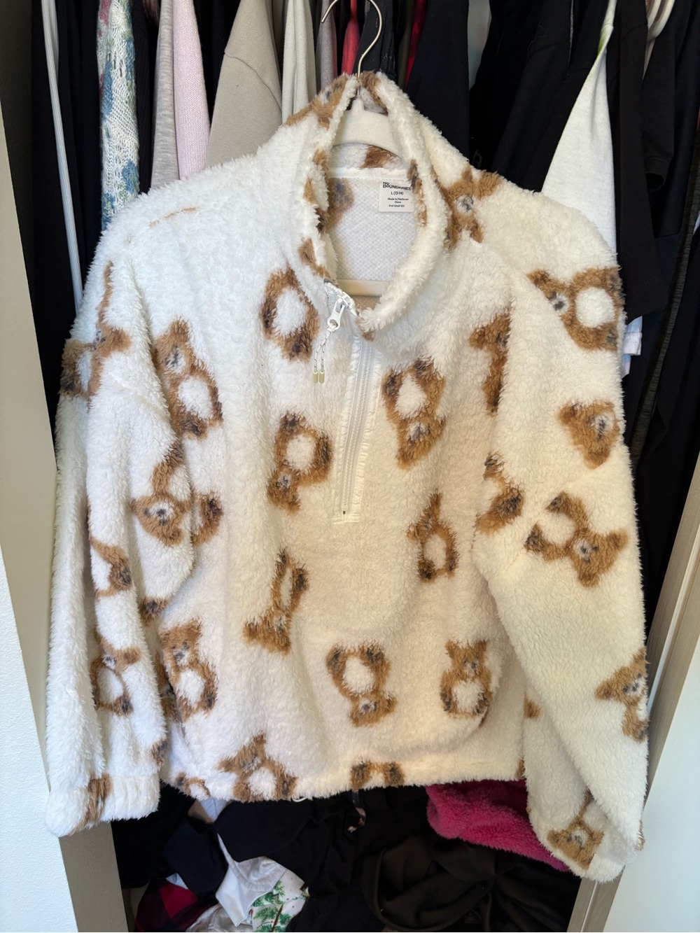 No Boundaries Cream Sherpa Pullover with Brown Leopard Print